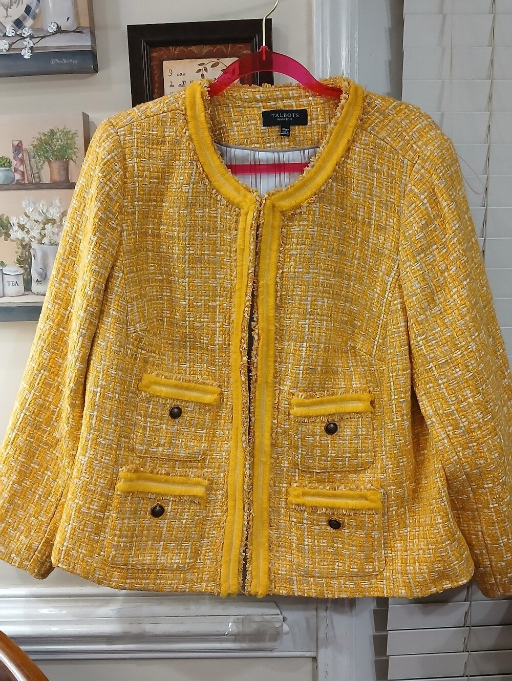 Talbots Plus Petite 18WP Yellow Tweed Jacket Button Front Lined Fringe Pockets